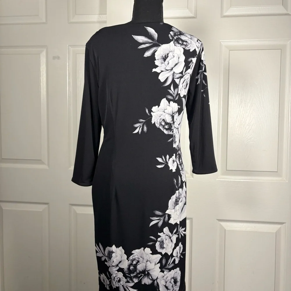White House Black Market Asymmetrical Black Dress with White Floral Design - Picture 7 of 13